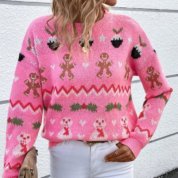 . Sweaters - Pink Casual Womens Christmas Pattern Drop Shoulder Sweater